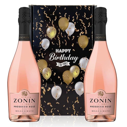 Zonin Prosecco Rose Doc Millesimato 75cl Happy Birthday Wine Duo Gift Box